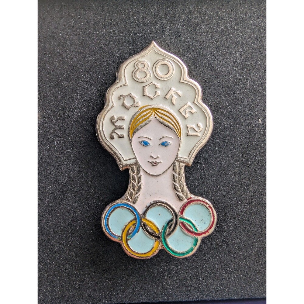 Vintage USSR Moscow 1980 Russian Girl Kokoshnik Olympic Enamel Pin Badge Large